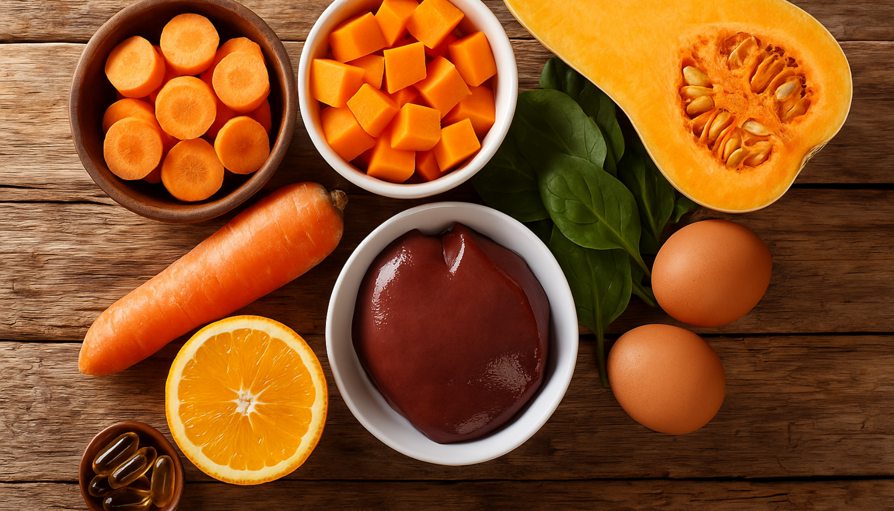 Naturlige matvarer rike på vitamin A, som gulrot, lever, egg og spinat, vist på trebord for å illustrere ernæringsmessig betydning.