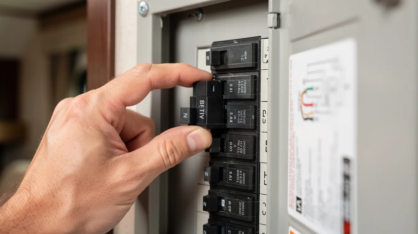 A person's hand is seen flipping a circuit breaker switch inside an RV electrical panel, which is crucial for managing the power supply to the RV air conditioners and other electrical components. This action is often taken when troubleshooting issues like the RV AC clicking or blowing warm air, indicating a potential tripped breaker or other electrical problem.