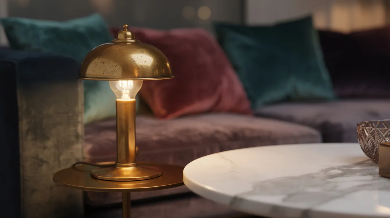 Närbild av en elegant mässingslampa som står bredvid sammetskuddar på ett marmor-sidobord. Den stiliga lampan bidrar till en unik atmosfär i hemmet och visar på en smakfull inredning med både belysning och dekorationer.