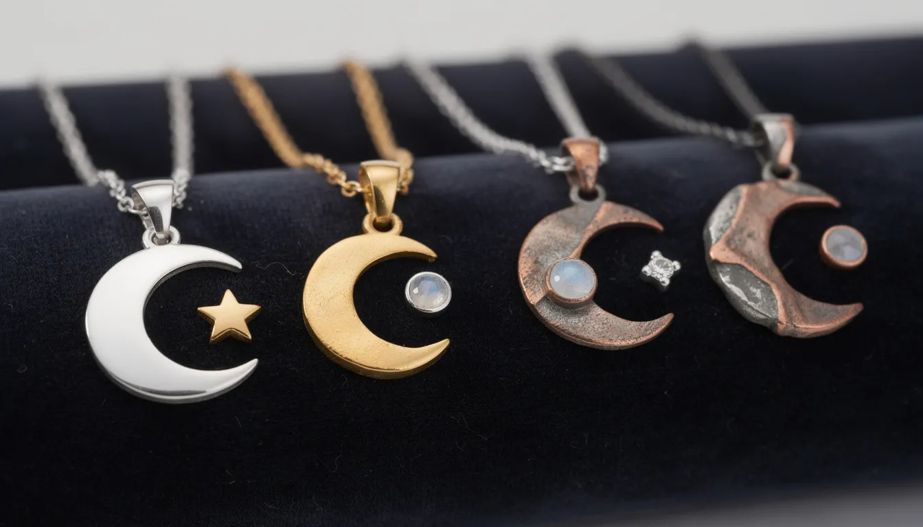 This image showcases a beautifully crafted crescent moon star necklace made of sterling silver, featuring a shimmering star element that is gold plated for added elegance. The necklace combines durability with a striking appearance, making it a perfect piece for everyday wear or special occasions.