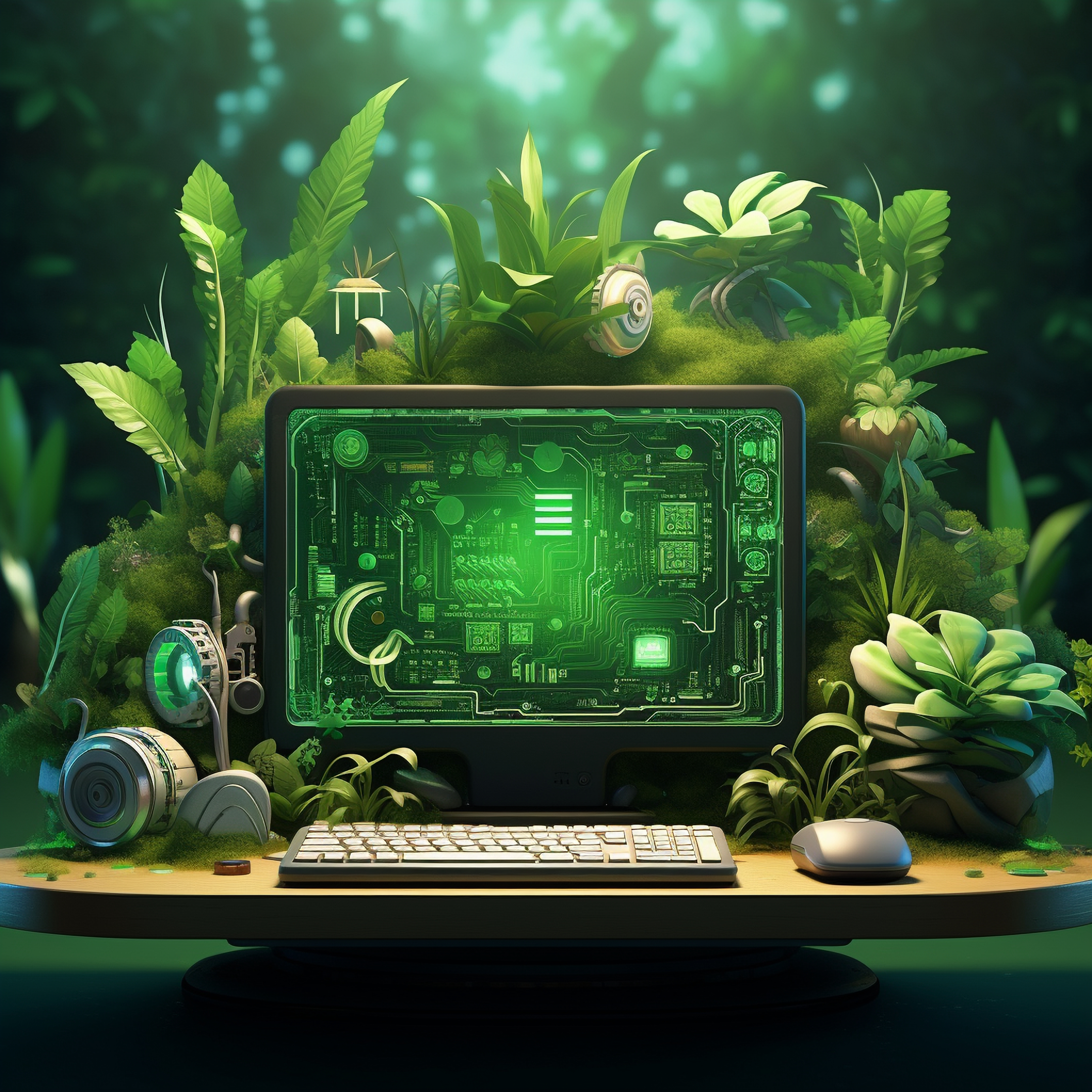 Image depicting a computer enveloped by lush green plants, illustrating the concept of green cloud computing.