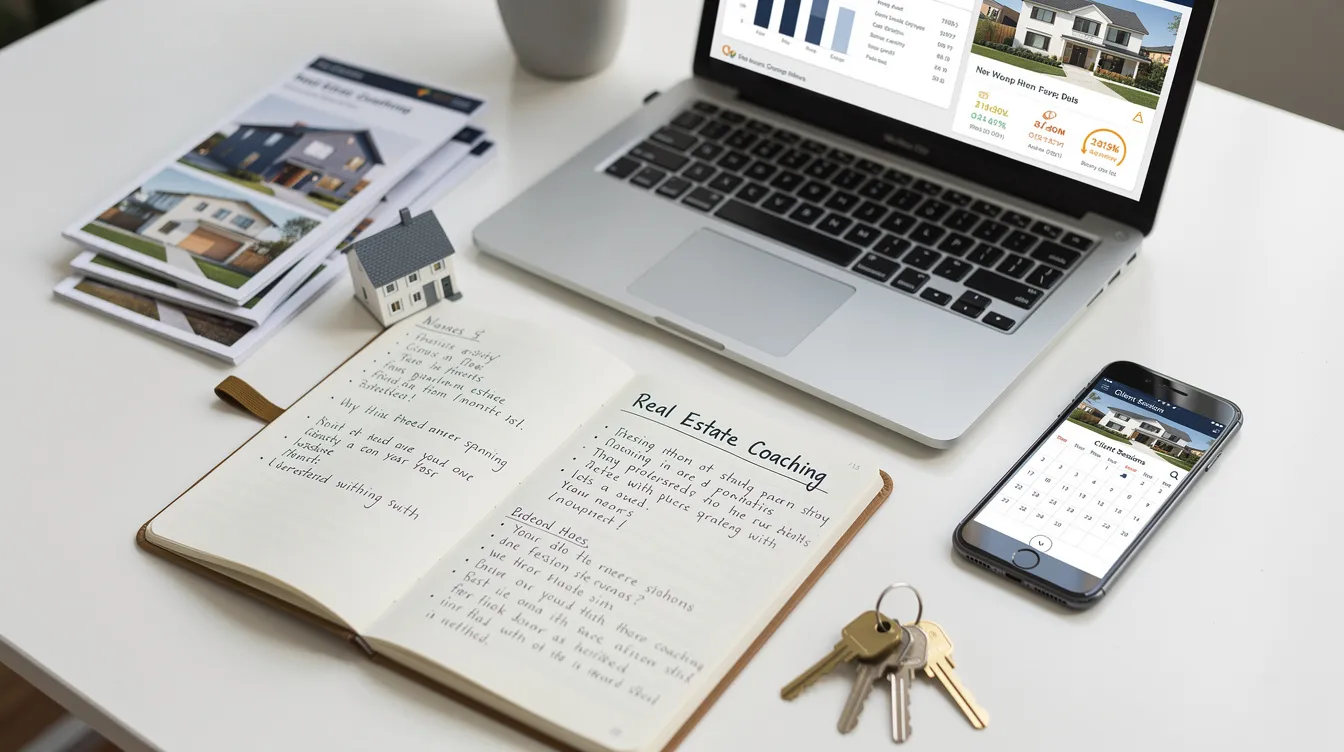 The image depicts a workspace designed for real estate coaching, featuring a large whiteboard filled with performance metrics and strategies for improving agent productivity. Tools for tracking agent performance and enhancing negotiation skills are prominently displayed, emphasizing the focus on achieving real estate agent success and meeting sales targets.