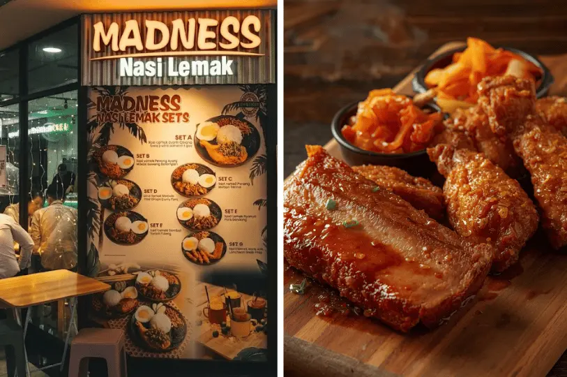 A split image showing the brightly lit menu board of the Madness Nasi Lemak stall on the left, paired with a close-up on the right of a mouth-watering wooden platter featuring fried chicken wings, a thick piece of pork, and savory side dishes.