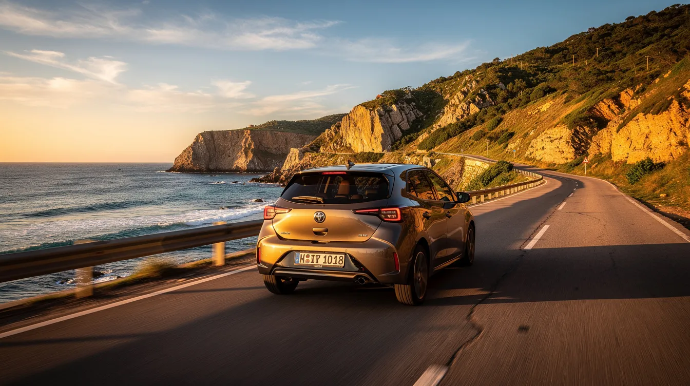 A compact car is driving along a scenic coastal road, surrounded by stunning ocean views and lush greenery. This picturesque setting highlights the freedom of driving abroad, emphasizing the importance of having a valid driver's license or an international driving permit for foreign visitors.