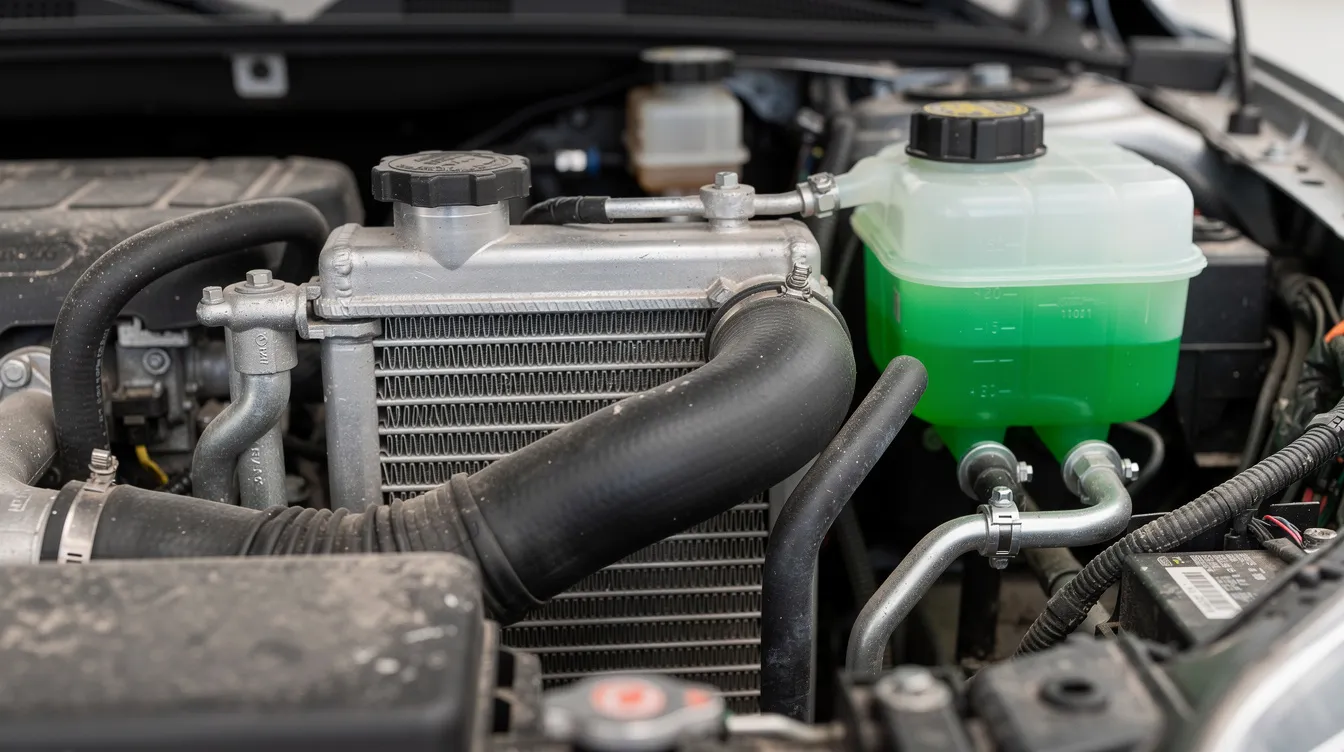 The image shows a close-up view of a car engine bay, highlighting the radiator hoses and various cooling system components. Key elements include the thermostat housing, which regulates coolant flow, and signs of potential issues such as coolant leaks or a malfunctioning thermostat that could lead to engine overheating and poor fuel efficiency.