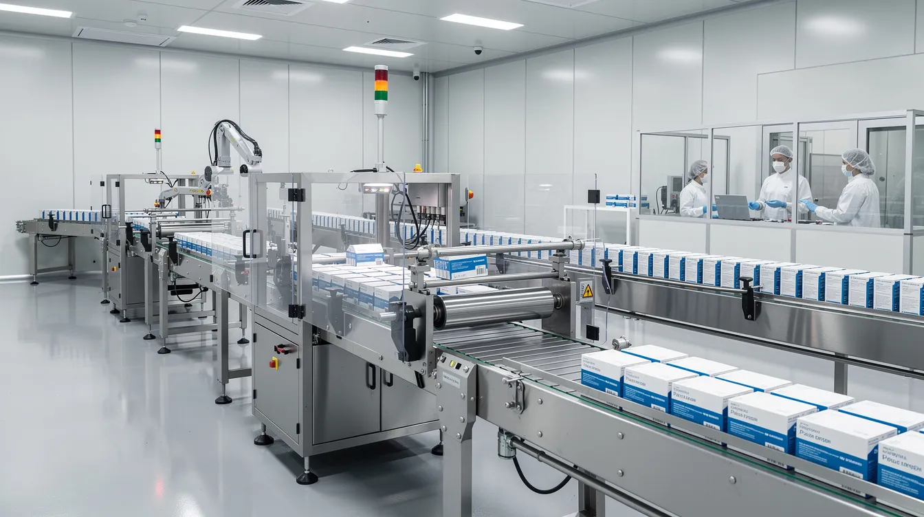 The image shows a wide shot of a pharmaceutical packaging production line in a cleanroom environment, featuring rollers and conveyor belts that transport blister packs of medication. This setup is designed to ensure security verification and protect light-sensitive products during the packaging process.