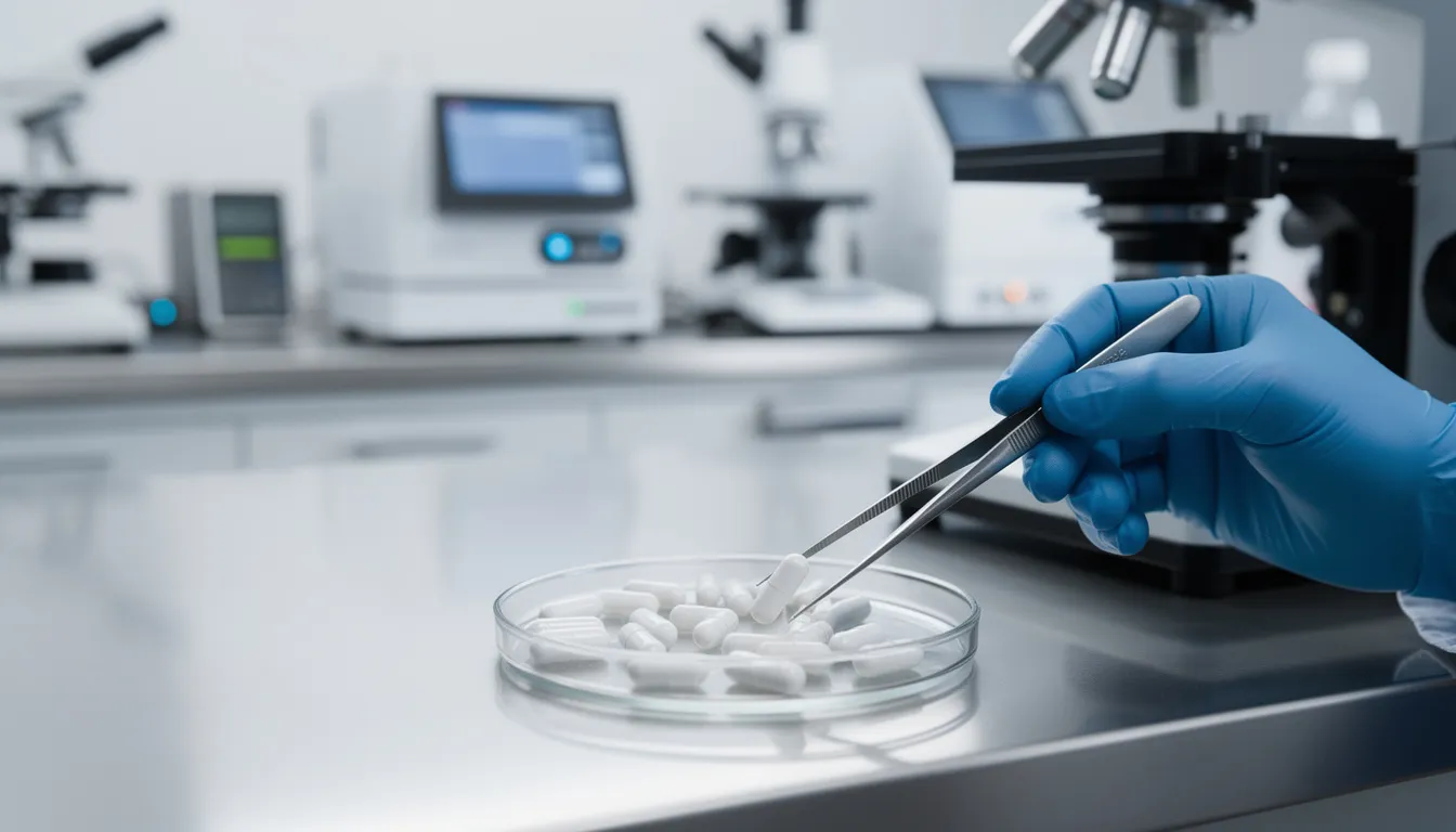 The image depicts a laboratory environment filled with scientific analysis equipment, where white capsules are being examined, likely related to high-quality NMN supplements. This setting emphasizes the importance of rigorous testing and research in determining the potential health benefits and safety of NMN products for cellular health and longevity science.