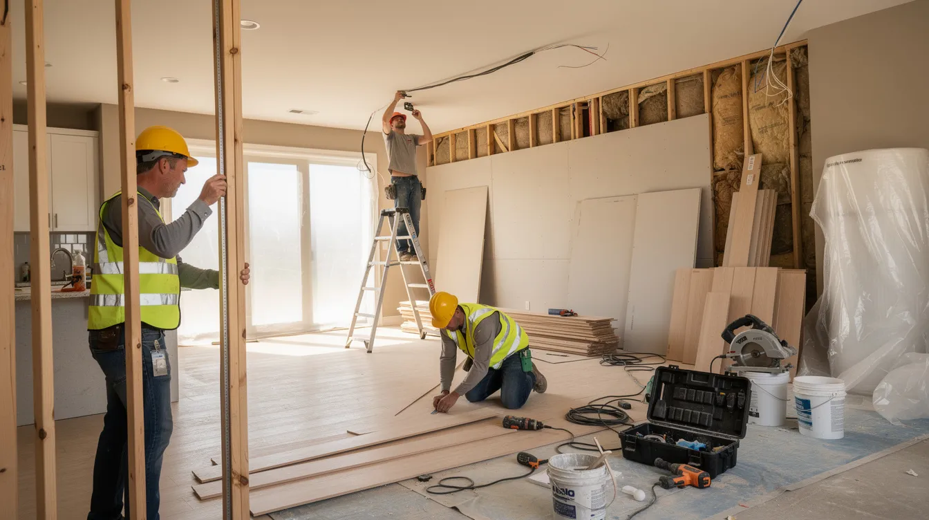 The image depicts construction workers actively renovating the interior of a residential property, surrounded by tools and materials. Their efforts may be part of a home equity line project, potentially enhancing the home's equity and value.