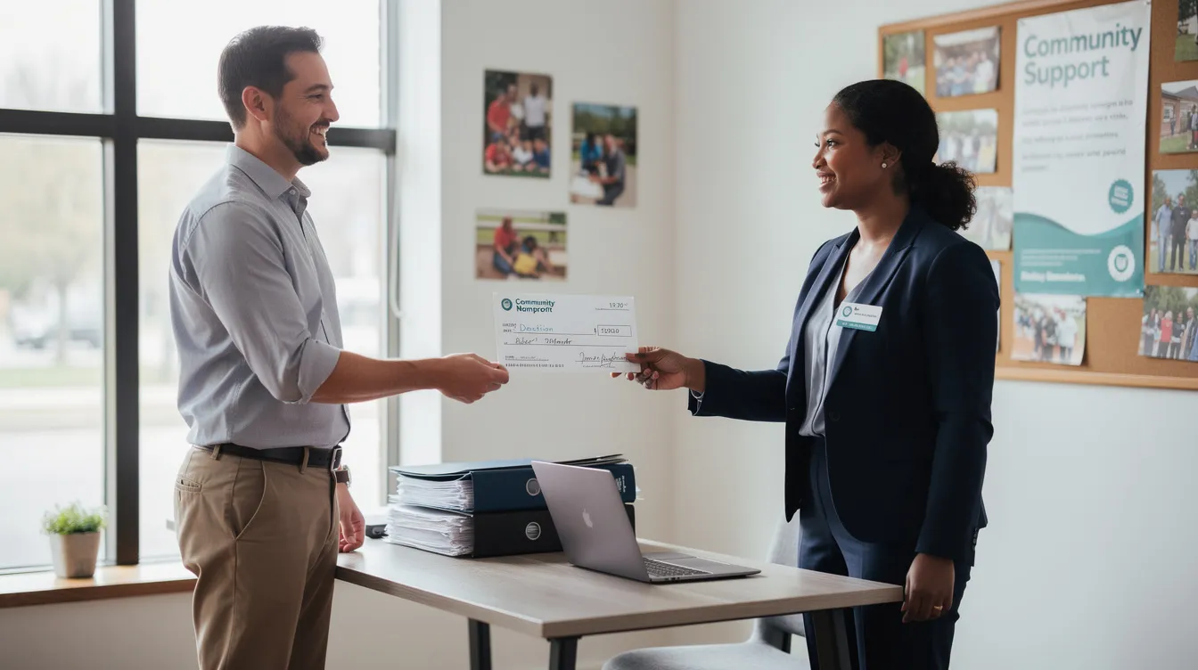 A small business owner is seen handing a check to a representative of a community nonprofit in an office setting, symbolizing charitable contributions that can provide tax benefits such as Arizona charitable tax credits and federal tax deductions. This act of charitable giving not only supports qualifying organizations but also helps the business owner manage their taxable income effectively.