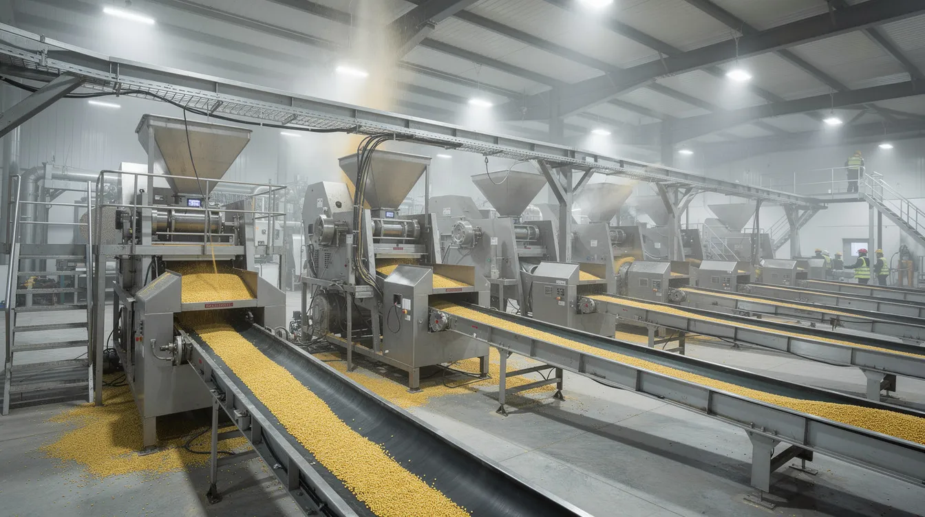 64b22e12 1caa 4f9c 8be5 1d35762271e8 The image depicts advanced industrial dal milling machinery featuring conveyor belts and hoppers within a processing plant, designed to enhance operational efficiency and meet the rising demand for processed pulses. This setup is essential for small and medium enterprises looking to improve productivity and maintain consistent quality in dal milling operations.