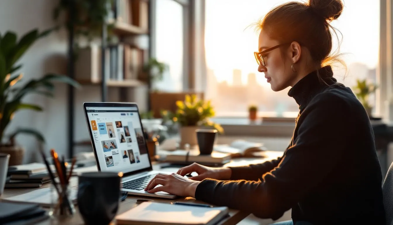 A content creator is focused on their laptop, with a content calendar and social media graphics visible on the screen, illustrating their digital marketing strategy. This scene highlights the importance of planning and utilizing various digital marketing channels to effectively engage with the target audience.