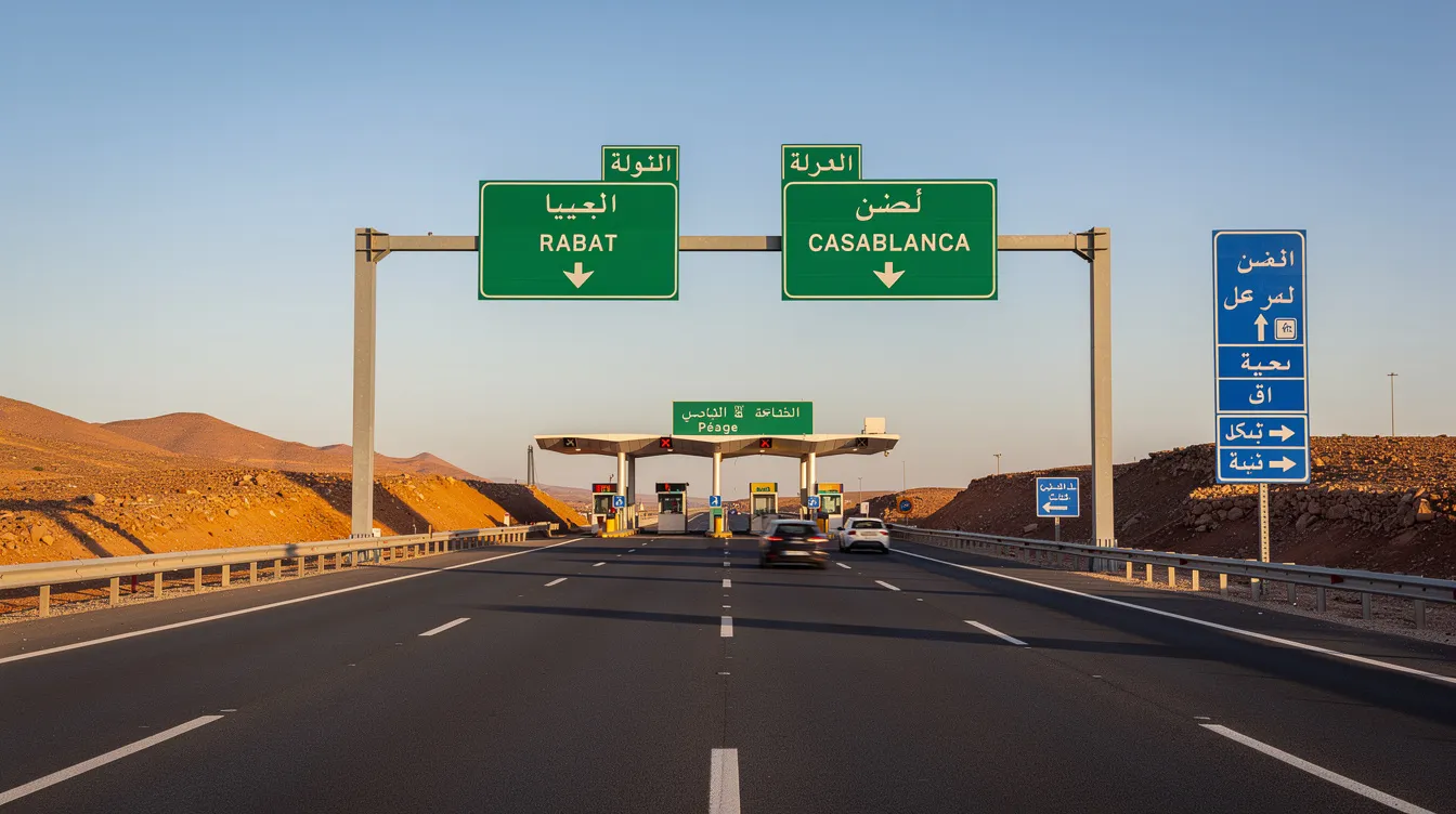Een Marokkaanse snelweg met verkeersborden in het Arabisch en Frans, met op de achtergrond een tolpoort die zich uitstrekt in de verte. Deze route is een belangrijke verbinding voor reizigers die auto huren in Casablanca en de omgeving verkennen.