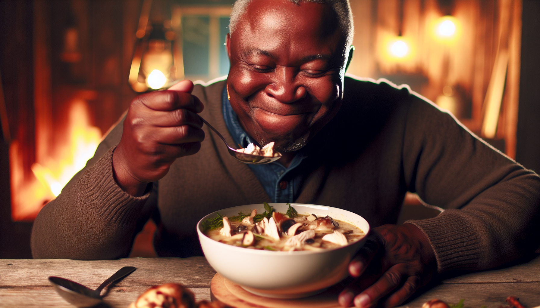 A person enjoying a bowl of chicken mushroom soup