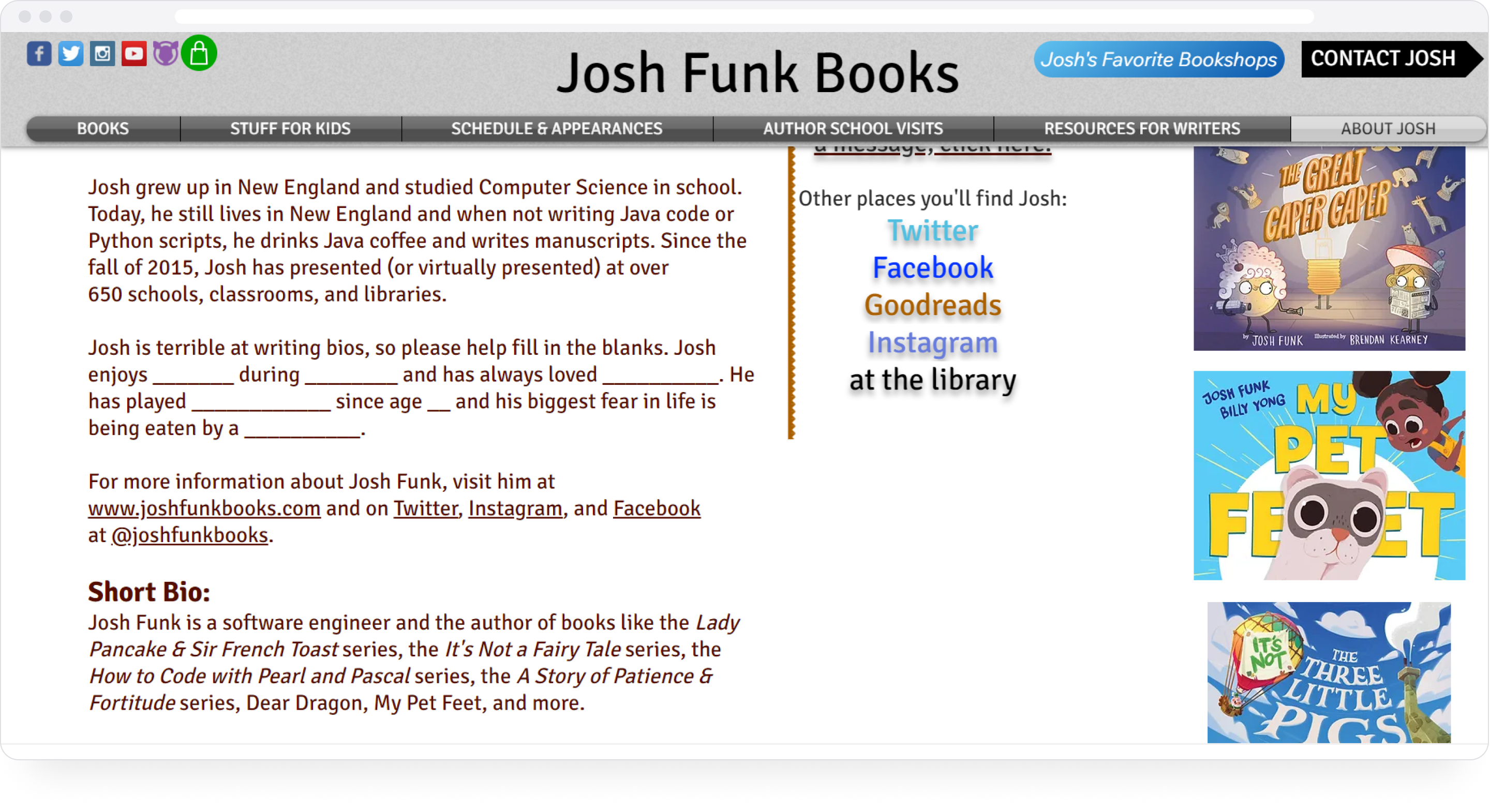 Josh Funk's "About Me" section
