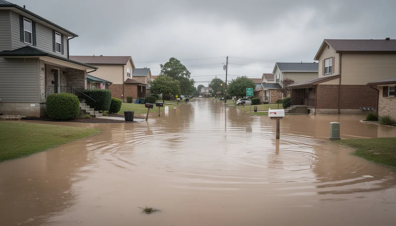 The image shows a flooded suburban residential street in Central Texas, with floodwaters reaching halfway up the foundations of the houses, indicating severe flooding in the area. This scene reflects the impact of flash flooding, which poses a significant flood risk to neighborhoods in Travis County and Williamson County.