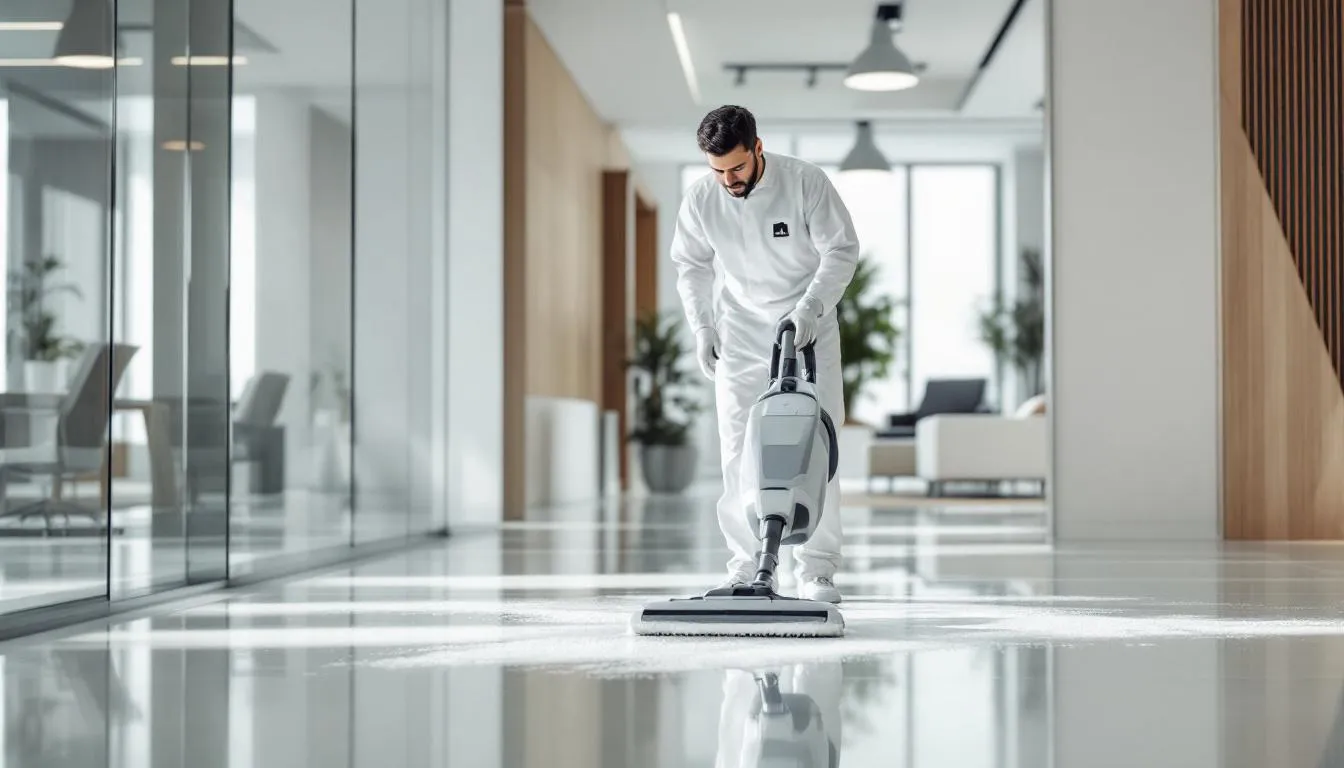 A professional cleaner performing deep cleaning services in Abu Dhabi.