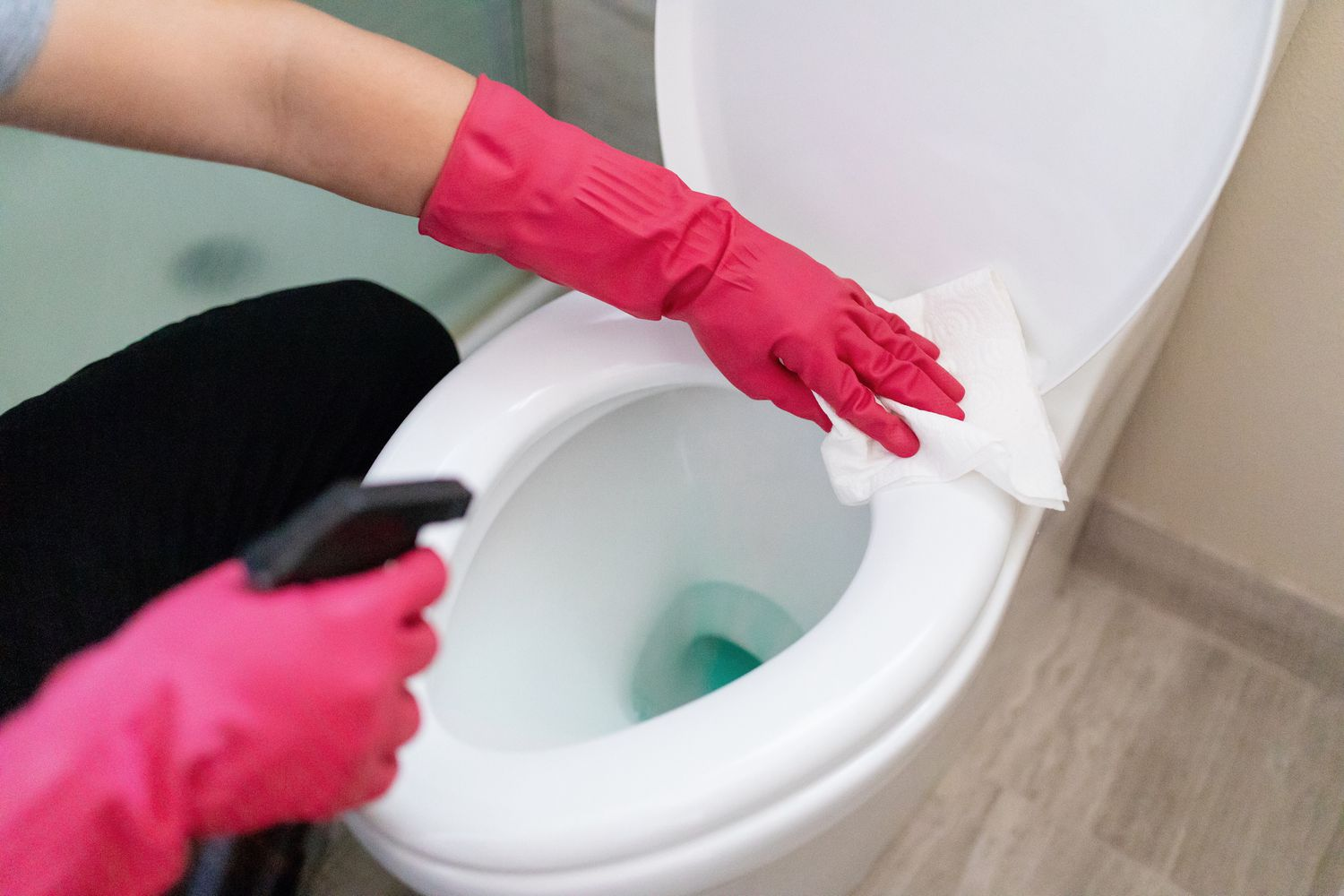 Spray the toilet seat with a toilet bowl cleaner
