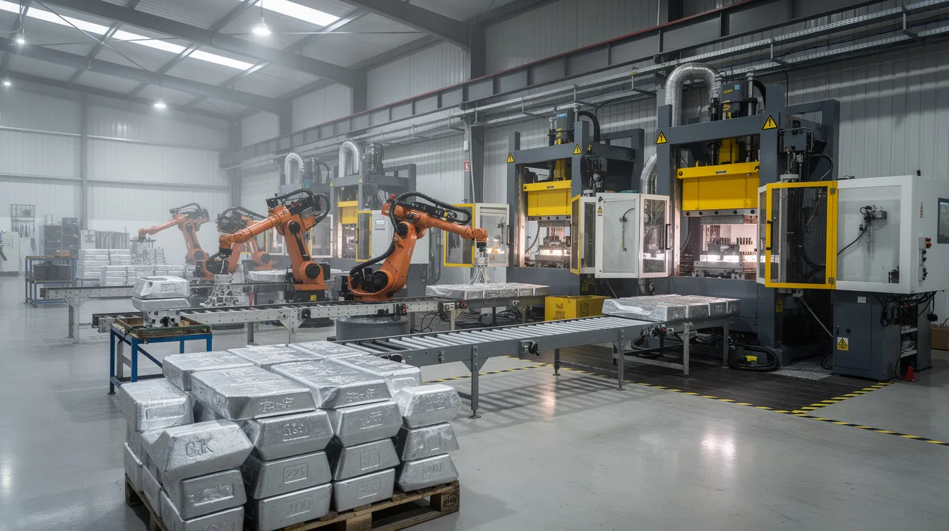 The image shows a wide-angle view of a modern die casting factory floor, featuring high-tonnage casting machines and robotic arms actively working with aluminum ingots. This advanced facility represents a leading aluminum die casting manufacturer in China, showcasing cutting-edge technology and precision machining in the automotive industry.