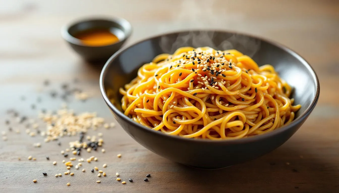 The image depicts a traditional Asian noodle dish beautifully garnished with sesame seeds, emphasizing the essential role of sesame oil in achieving authentic flavors. The dish showcases a rich, nutty flavor profile that highlights the importance of using high-quality cooking oils, particularly toasted sesame oil, for enhancing the overall taste.