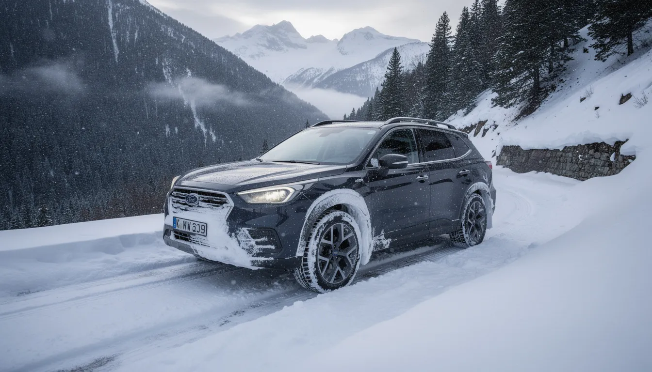A rugged SUV, such as a Ford Expedition or Chevrolet Tahoe, is skillfully navigating a snowy mountain road, surrounded by tall pine trees. This all-wheel drive vehicle is perfect for winter vacations, offering ample cargo space and spacious interiors for family trips or group adventures.