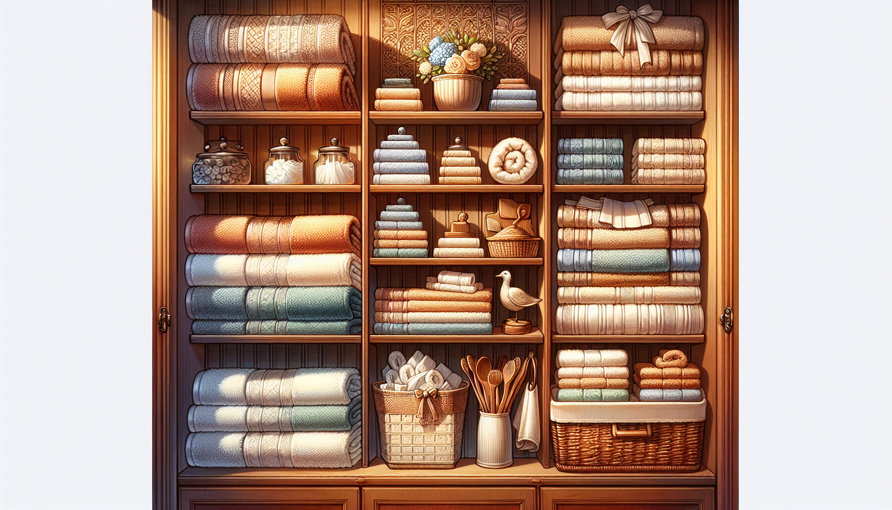 Shelf dividers used in a linen closet for organizing towels and linens.