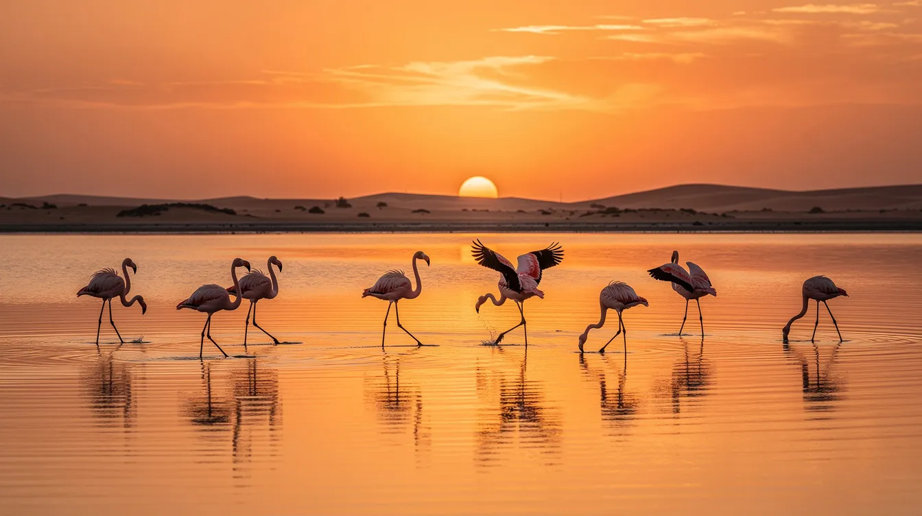 Coucher de soleil orange sur la lagune de Dakhla.