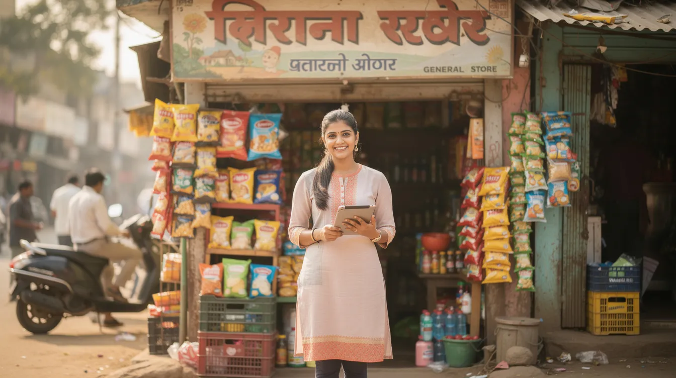A young Indian woman entrepreneur stands confidently in front of her small shop, showcasing various products displayed outside. This image highlights the spirit of women entrepreneurs supported by initiatives like the Pradhan Mantri Mudra Yojana, which provides financial assistance to small and micro enterprises.