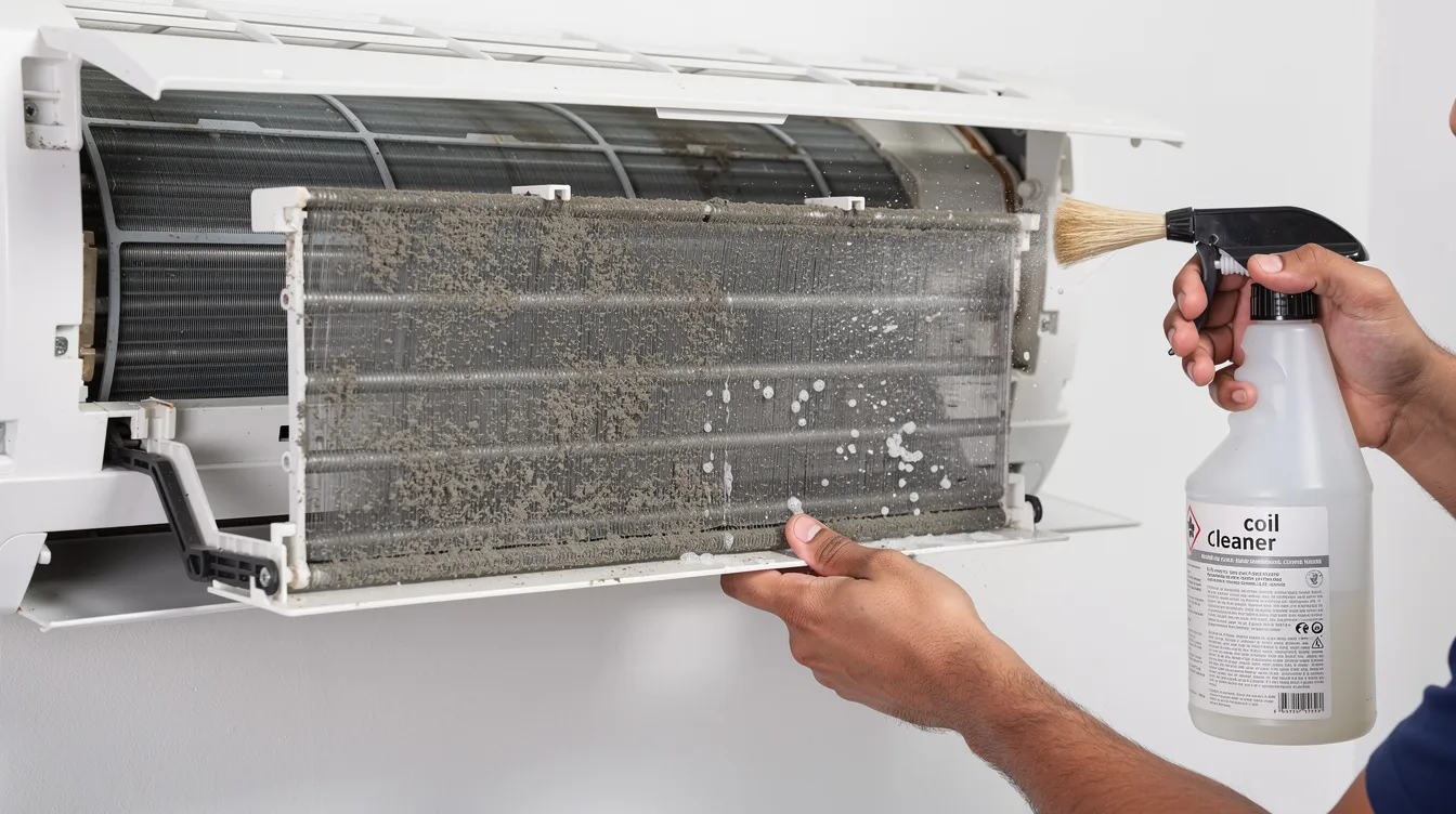 The image depicts a technician carefully removing an air conditioner filter from an air conditioning unit, while also cleaning the evaporator coil. This essential maintenance task helps improve the energy efficiency and overall performance of the air conditioning system, ensuring optimal cooling solutions for residential and commercial spaces.