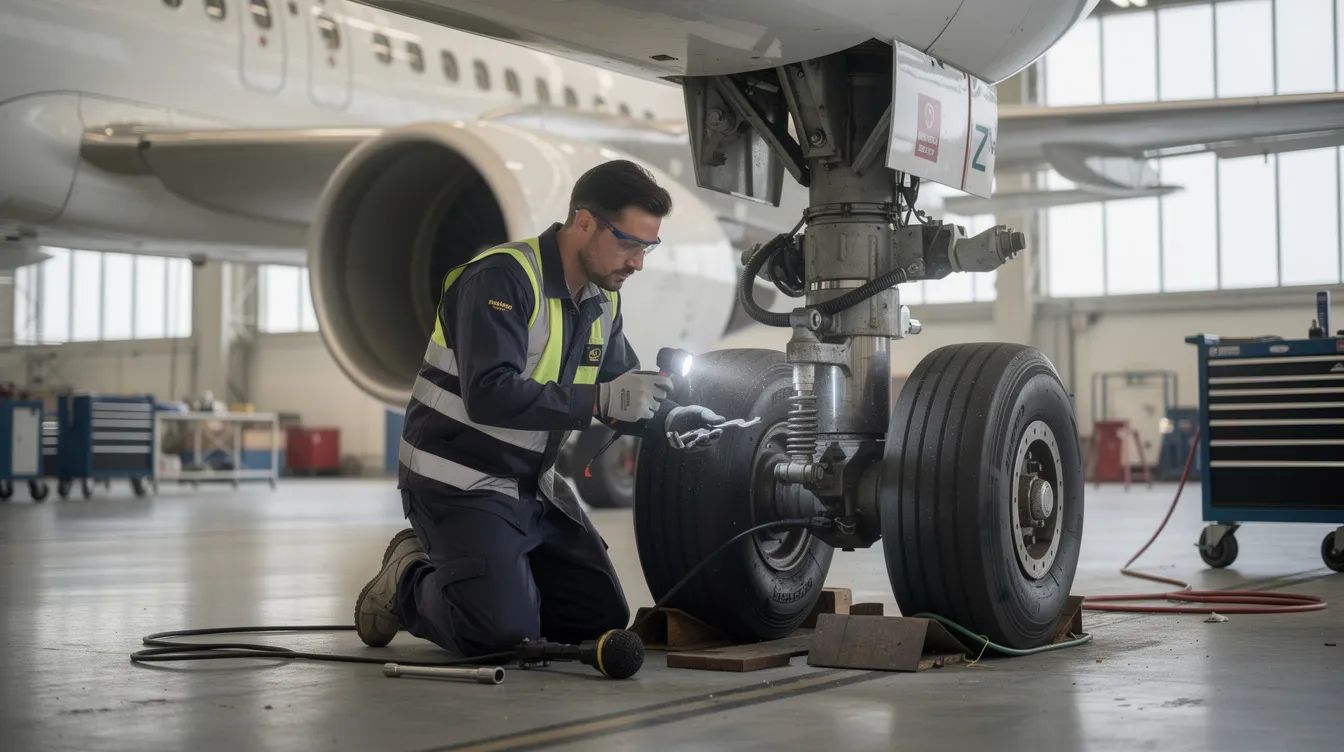 An aircraft mechanic is inspecting the landing gear of an aircraft using hand tools inside a hangar, demonstrating skills essential for aviation maintenance. This inspection is crucial for ensuring the safety and functionality of aircraft systems in compliance with Federal Aviation Administration standards.