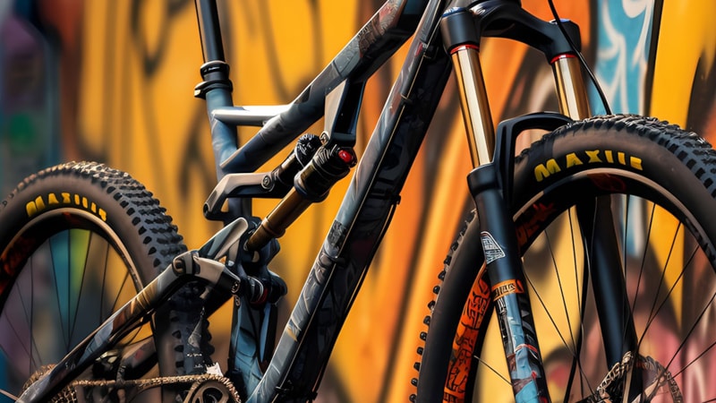 Customized mountain bike used for off-road cycling leaned against a colorful graffiti wall.