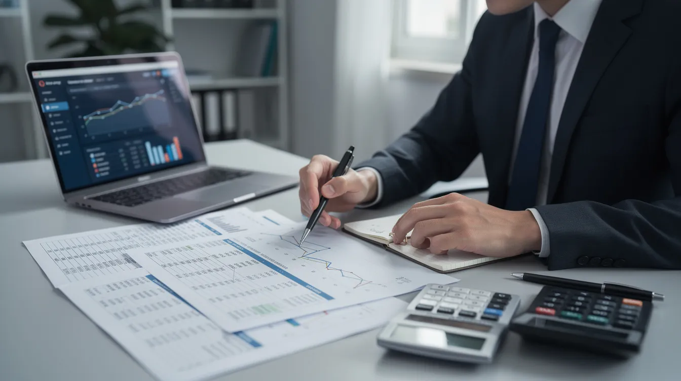 The image depicts a financial analyst intently reviewing spreadsheets and using calculators on a desk, surrounded by documents related to dairy farm loans and financial projections. This scene reflects the meticulous work involved in preparing a detailed project report for dairy farming, including aspects like cash flow and loan repayment schedules.