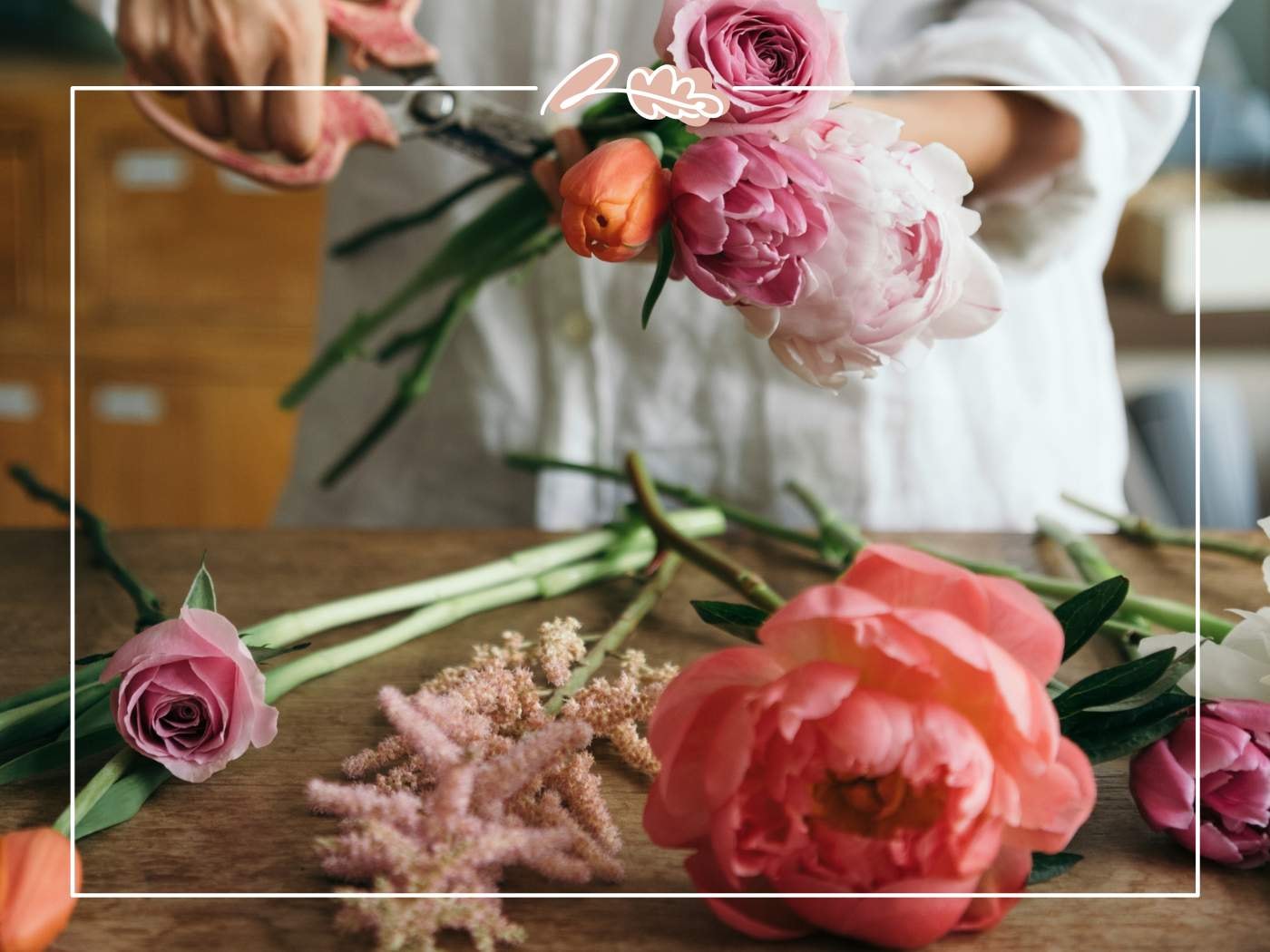 A florist carefully arranging peonies and other flowers, highlighted in '11 Fabulous Reasons to Buy Peonies'.