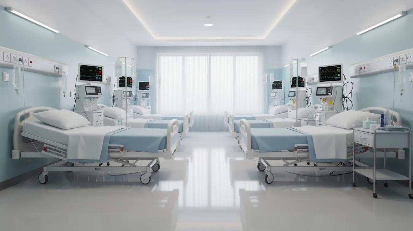 64c6ca24 7dcb 4896 82b8 74c58f4a02e6 The image depicts a hospital ward featuring neatly arranged hospital beds, each equipped with essential medical equipment such as pulse oximeters and syringes, demonstrating a well-organized environment for patient care. The presence of various surgical instruments and supplies highlights the importance of a comprehensive medical equipment list in supporting treatment and surgery.