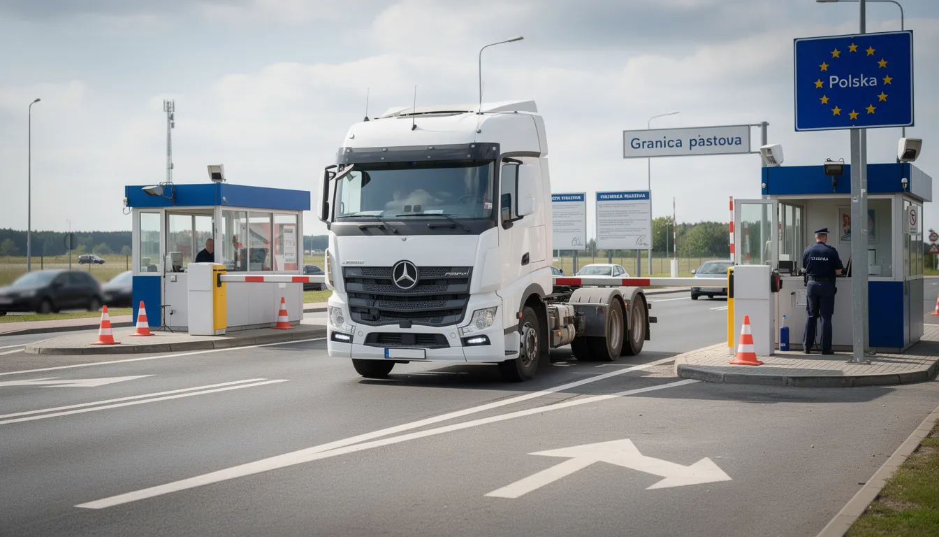 Na obrazie widoczny jest ciągnik siodłowy przejeżdżający przez europejskie przejście graniczne, co ilustruje działalność firm transportowych. Taki transport często wiąże się z długimi terminami płatności faktur, co czyni faktoring w branży transportowej kluczowym rozwiązaniem dla zachowania płynności finansowej.