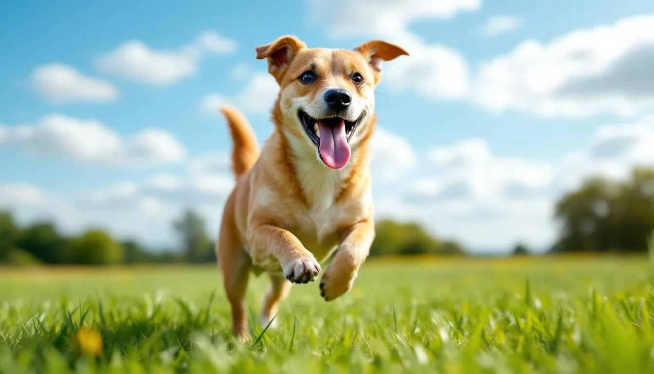 A healthy small breed dog is joyfully running in an open field after successful treatment for patellar luxation, showcasing its restored mobility and vitality. The dog
