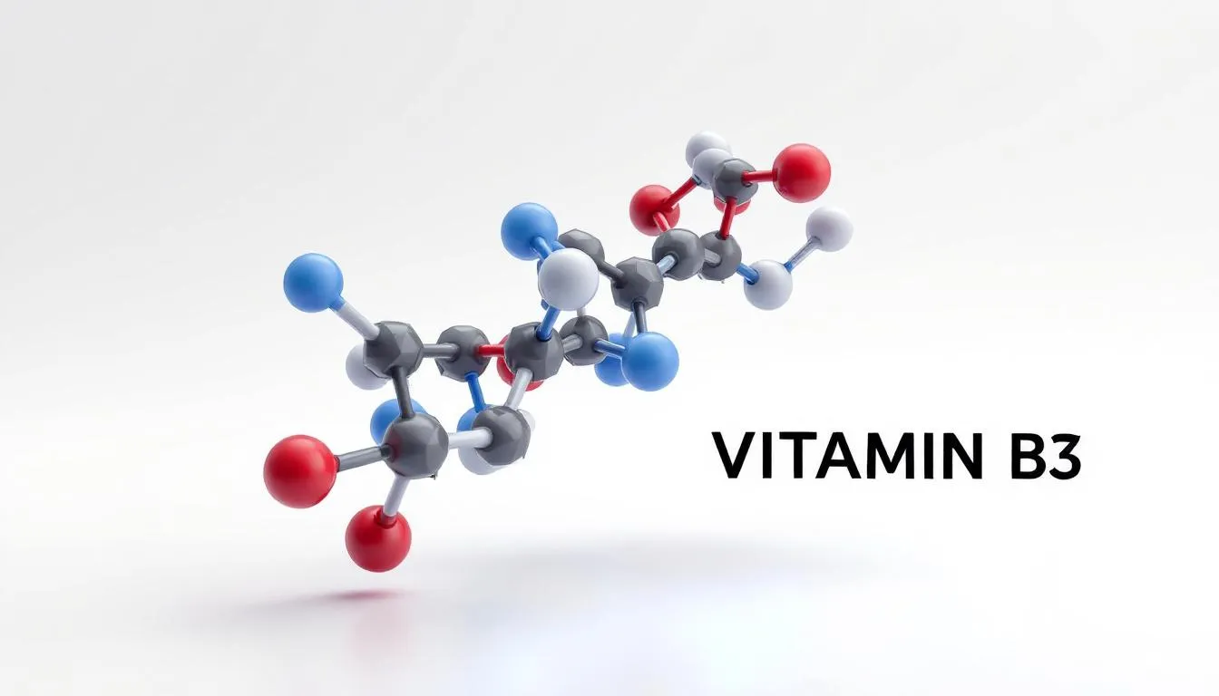 The image depicts various dietary supplements containing vitamin B3, also known as niacin, which is essential for energy production and metabolic health. These supplements are often associated with cardiovascular health benefits, including cholesterol management and supporting healthy aging.