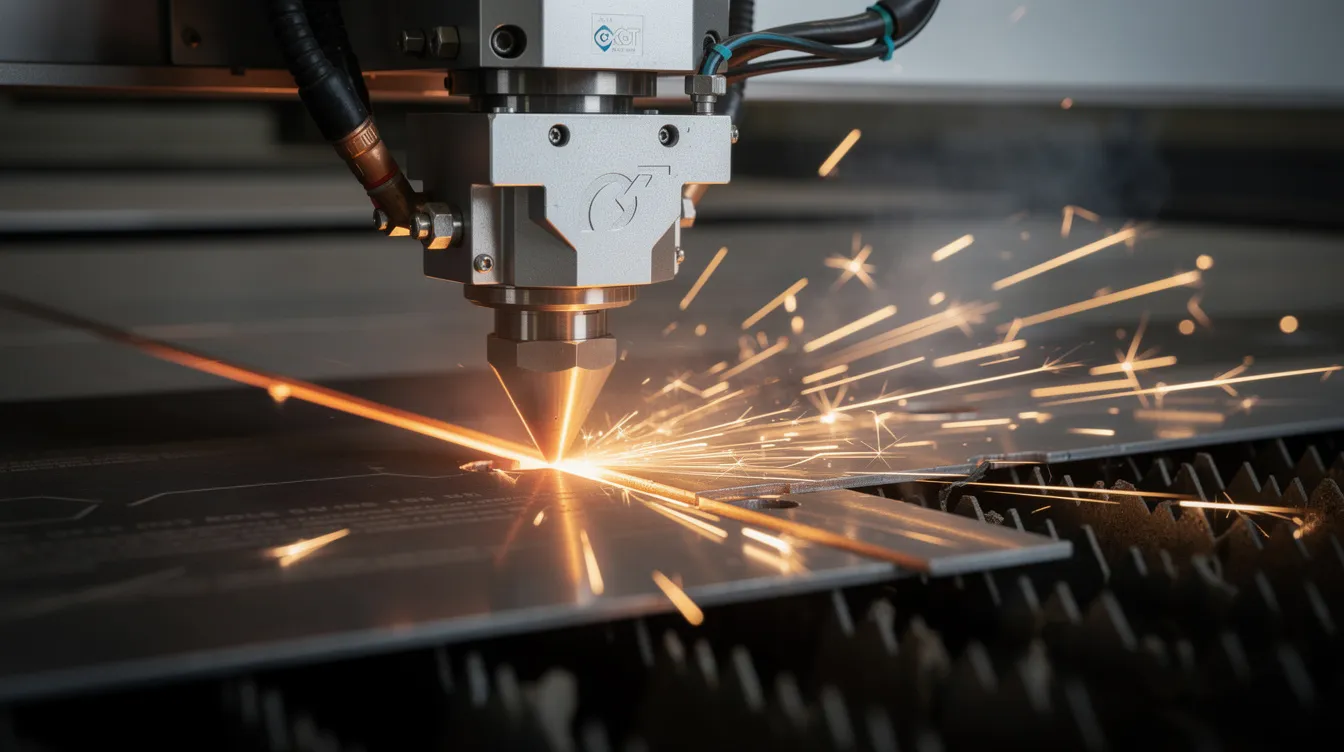 A close-up view of a fiber laser cutting head intensely focused on cutting through a flat carbon steel sheet on a CNC bed, with bright sparks flying from the precise laser cutting process. This image highlights the sheet metal fabrication process, showcasing the capabilities of modern metal fabrication machinery.