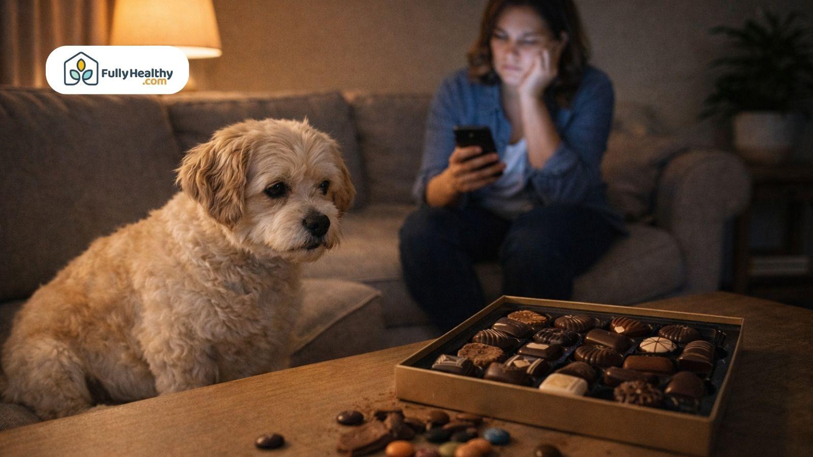 Small dog near chocolate box while owner looks worried at home