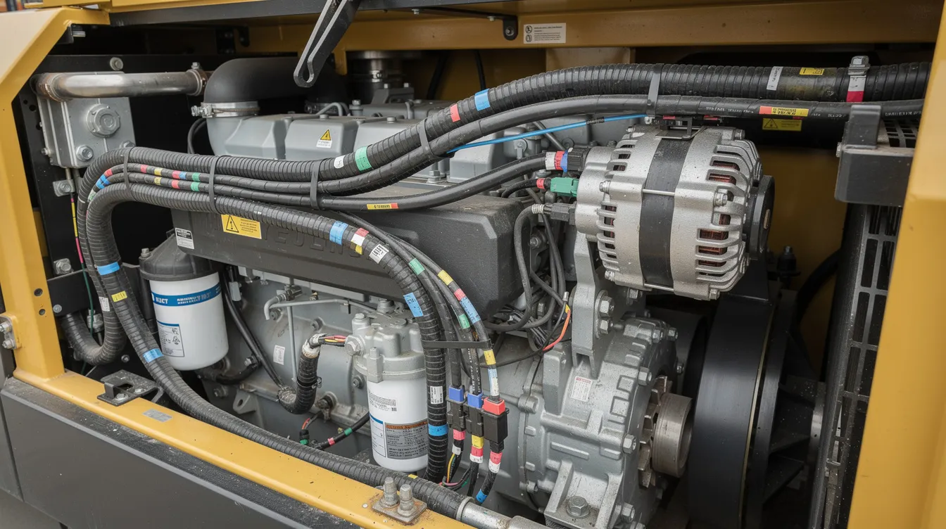The image depicts a heavy equipment engine compartment filled with multiple bundles of wiring harnesses, which are organized around various electrical components. These cable assemblies, featuring numerous electrical wires and connectors, are designed for efficient installation and reliable operation within construction machinery.