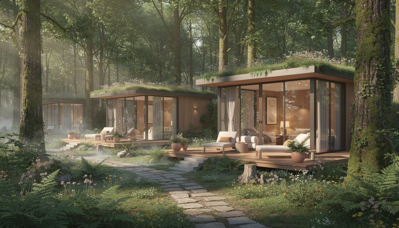 The image features a beautifully designed forest garden room nestled among lush greenery, showcasing large windows that invite natural light into the spacious interior. This bespoke garden space serves as a perfect retreat for relaxation or creative pursuits, seamlessly blending with the tranquil outdoor surroundings.