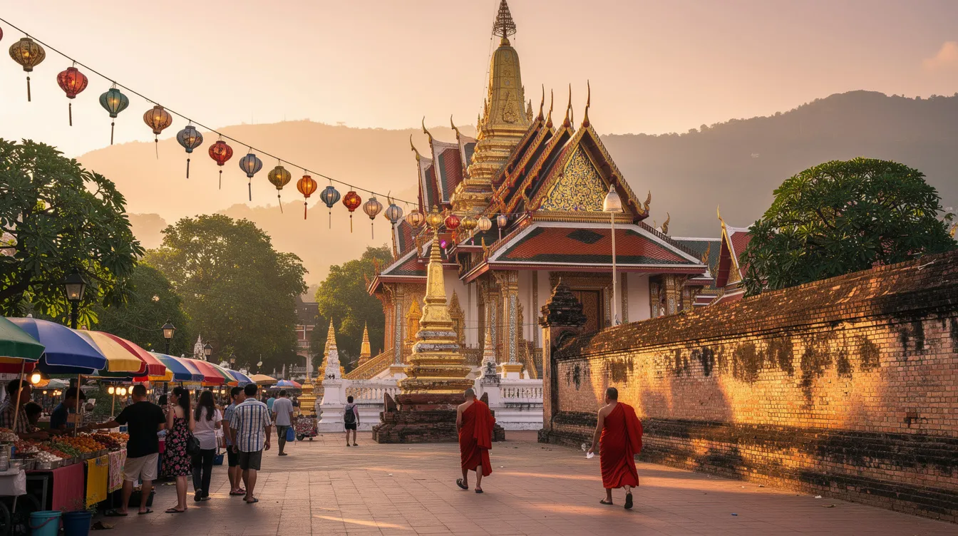A imagem retrata a cidade de Chiang Mai, na Tailândia, famosa por seus templos antigos e rica cultura. Ao fundo, pode-se ver o majestoso Wat Phra Kaew, e nas ruas, a movimentação de turistas e locais, proporcionando uma atmosfera vibrante e acolhedora.