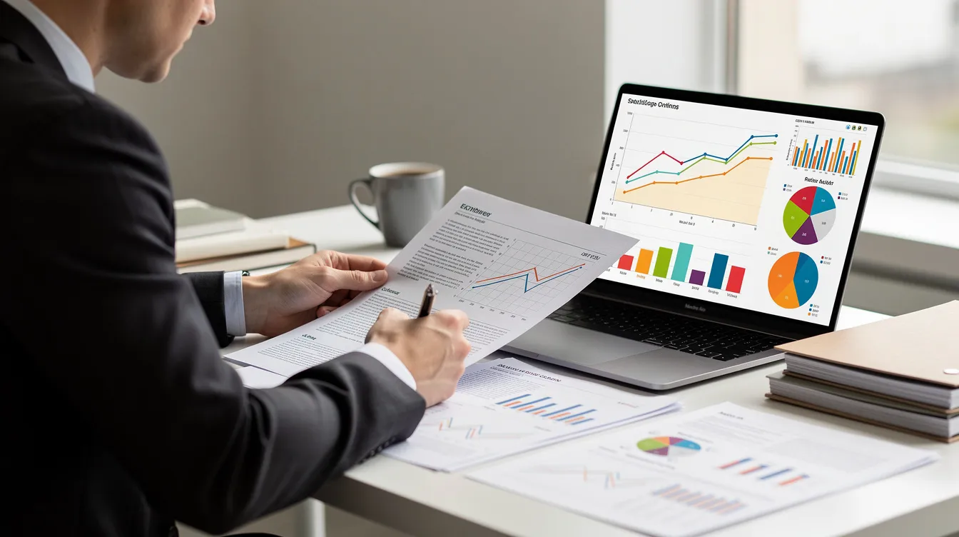 A person is seated at a desk, intently reviewing financial documents while a laptop displays various charts and graphs. The scene suggests a focus on financial analysis, possibly related to loan applications or credit assessments.