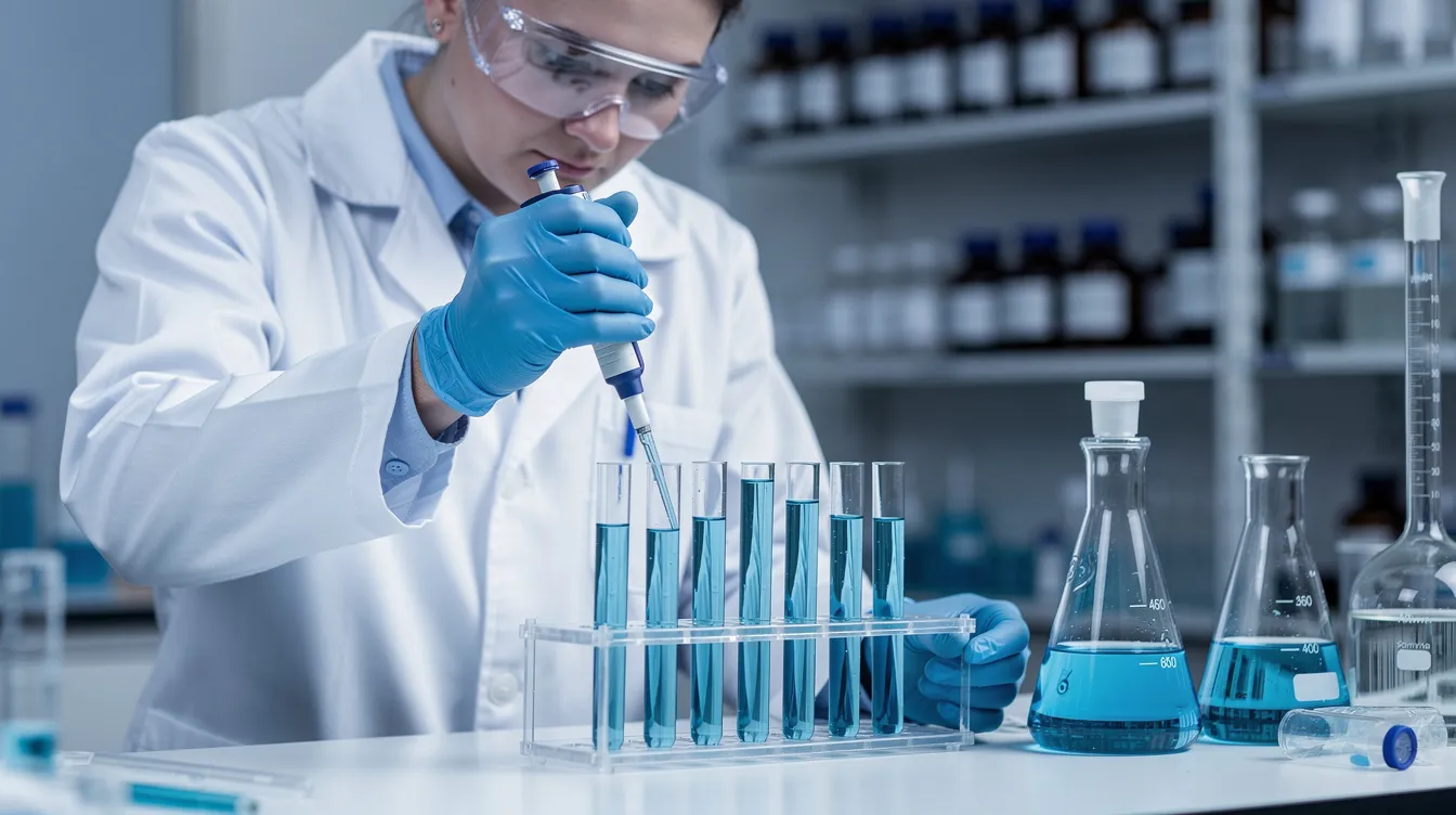 In einem Labor führen Wissenschaftler Experimente durch, während sie Pipetten und Reagenzgläser verwenden. Diese Forschung könnte sich auf die Sicherheit von CBD als neuartigem Lebensmittel konzentrieren, das von der europäischen Lebensmittelbehörde EFSA bewertet wird.