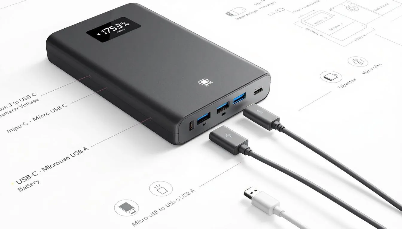 In der Abbildung sind verschiedene mobile Ladegeräte mit unterschiedlichen Anschlüssen und Schnittstellen zu sehen, darunter USB-C und USB-A. Die Geräte variieren in ihrer Kapazität, wie zum Beispiel 20.000 mAh, und sind ideal für das Laden von Smartphones, Tablets und Laptops unterwegs.