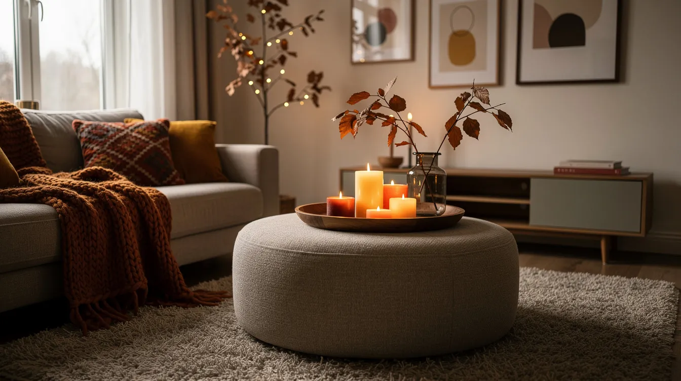 En sittpuff med en bricka och levande ljus står i ett mysigt inrett vardagsrum för hösten. Denna praktiska puff erbjuder extra sittplats och passar perfekt in i hemmets inredning, vilket skapar en varm och inbjudande atmosfär.