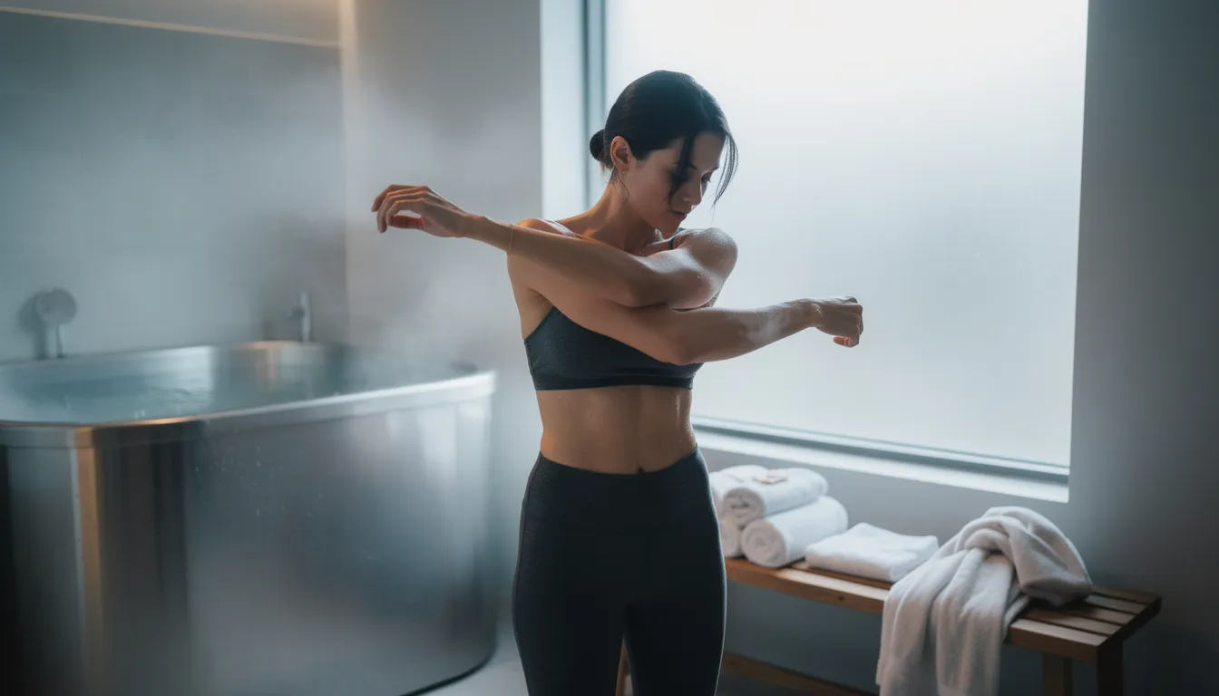 The image shows a person engaging in light movements to warm up after completing a cold therapy session, likely involving an ice bath or cold plunge. This post-cold exposure activity helps promote muscle recovery and alleviate soreness from the extreme cold temperatures experienced during the session.