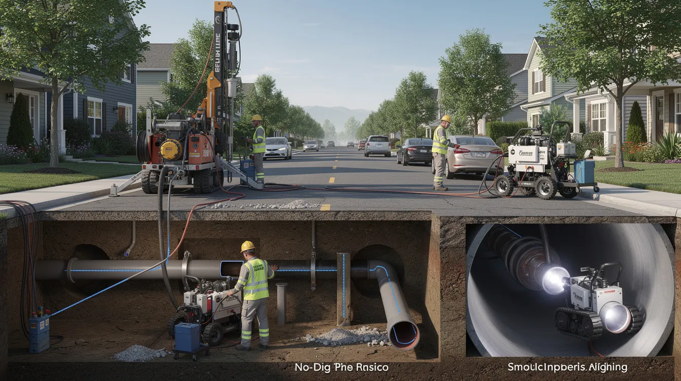 The image depicts a trenchless pipe repair process, showcasing specialized equipment used to rehabilitate damaged underground pipes without extensive excavation. This modern method, such as pipe bursting and pipe lining, allows for minimal disruption to the surrounding landscape while ensuring the structural integrity of the existing sewer system.