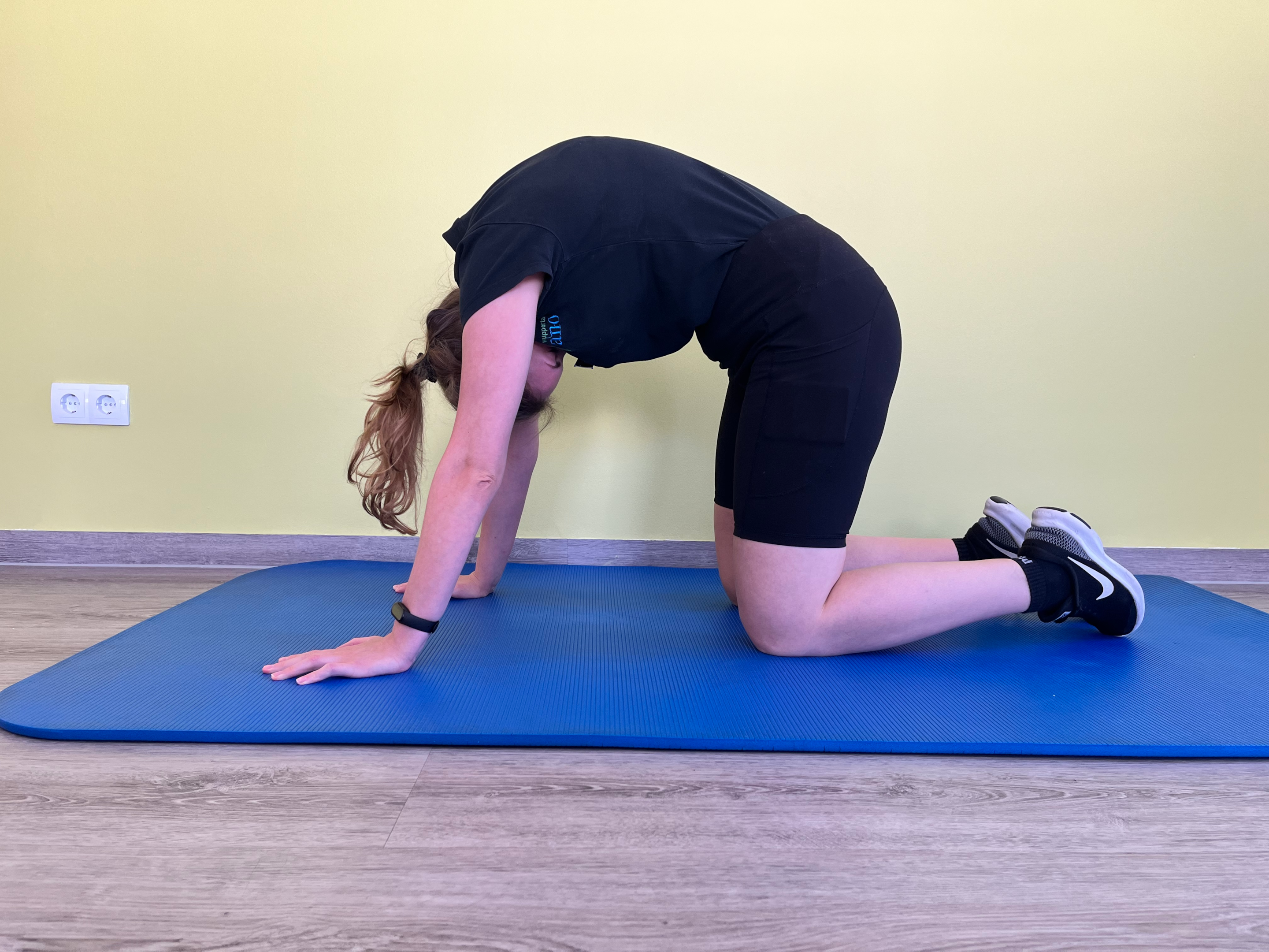 Für Übung 1 stellen Sie die Beine und Arme auf den Boden und machen einen Katzenbuckel - diese Übung kommt aus dem Yoga.