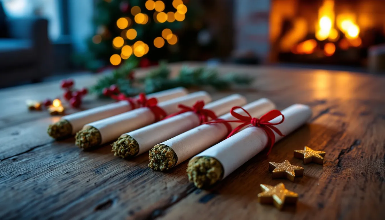 The image features an inviting arrangement of cannabis pre-rolls on a rustic wooden table, adorned with festive holiday decorations. This scene embodies the spirit of the holiday season, perfect for cannabis enthusiasts looking for exclusive discounts during Black Friday shopping.
