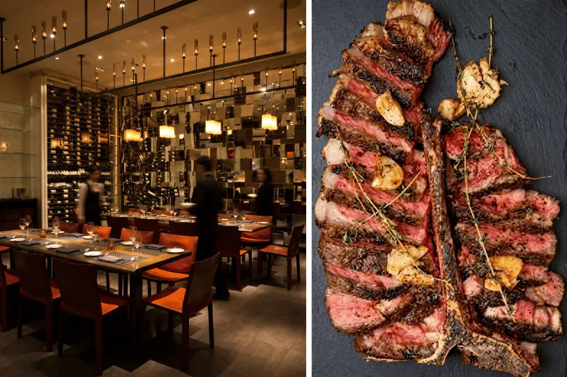 A split view showing an elegant dining room with warm lighting and a mirrored wall on the left, alongside a perfectly seared and sliced T-bone steak served on a slate board on the right.